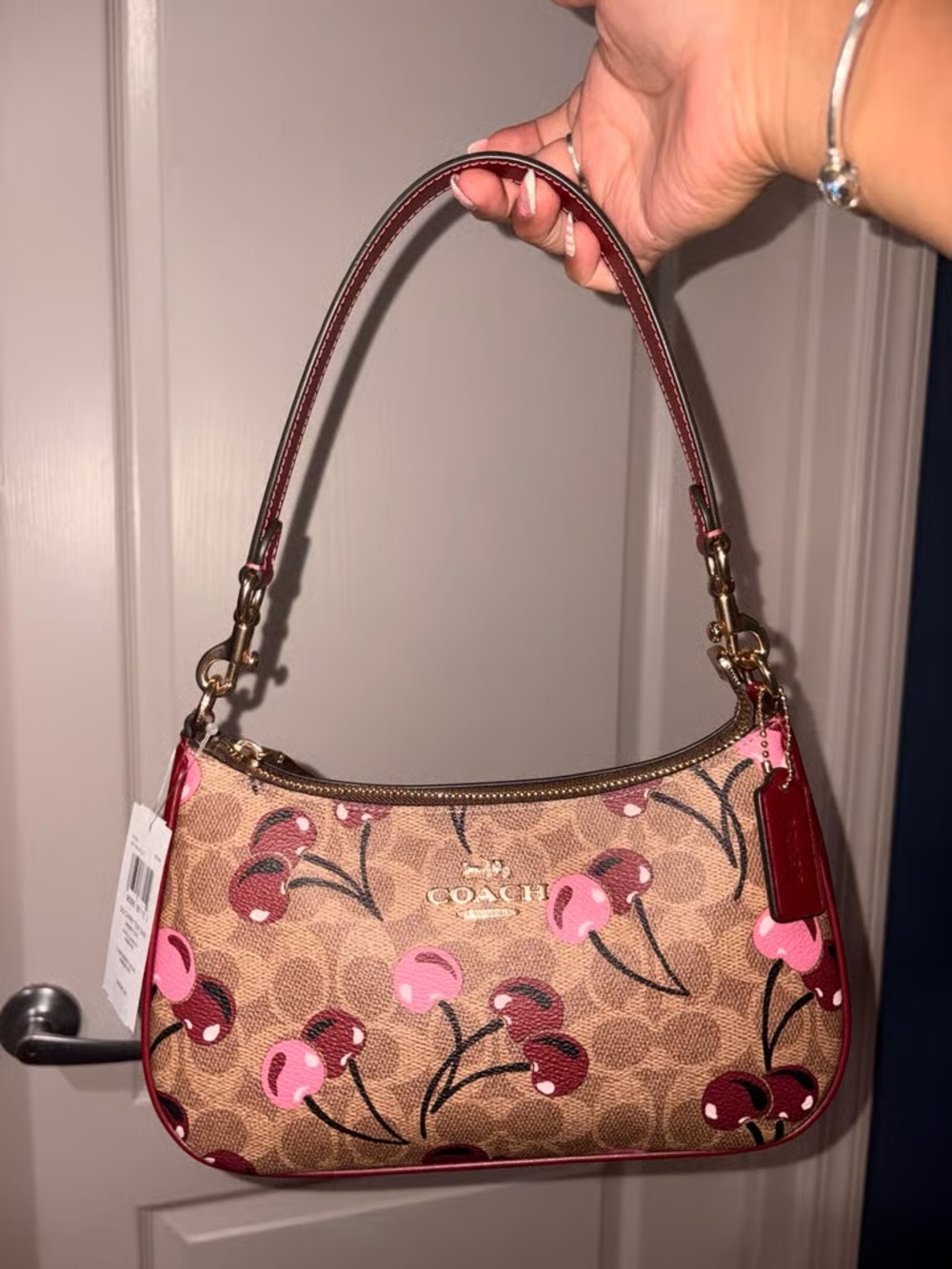 Coach Tan Signature Canvas Shoulder Bag with Pink Cherry Print and Maroon Trim